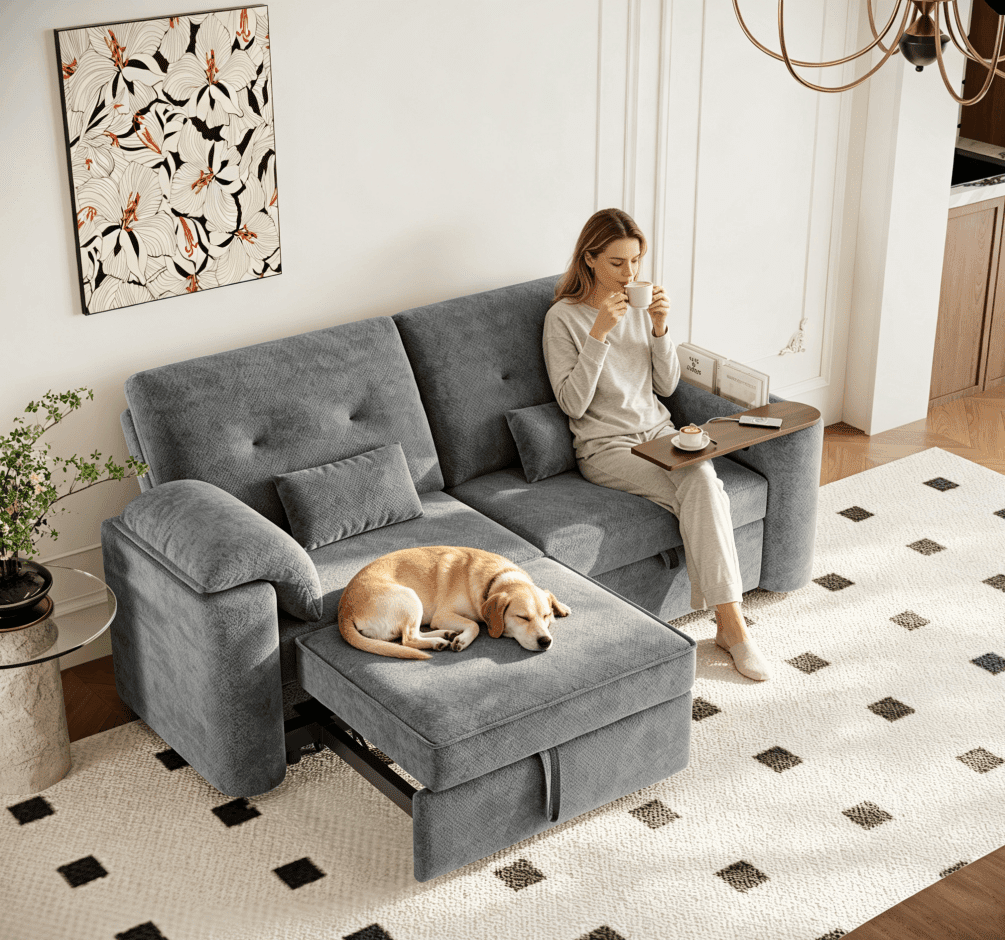 Aukfa 82" 3-in-1 Convertible Sleeper Sofa, Modern Chenille Queen Pull-Out Sofa Bed with USB/Type-C Ports & Rotating Side Table for Living Room & Apartment,Gray