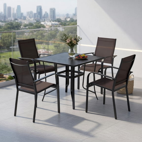 Topcobe 5 Pieces Patio Dining Set for 4 Outdoor Square Table and Stackable Chairs, Outdoor Patio Furniture Set, Easy to Assemble-Brown