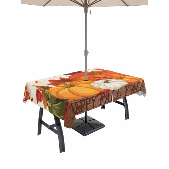 Outdoor Tablecloth with Umbrella Hole and Zipper, Orange Pumpkins Fall Rectangle Table Cloth 54x80 Inch Waterproof Tablecloth, Thanksgiving Maple Leaf Autumn Retro Picnic Table Cover for Patio