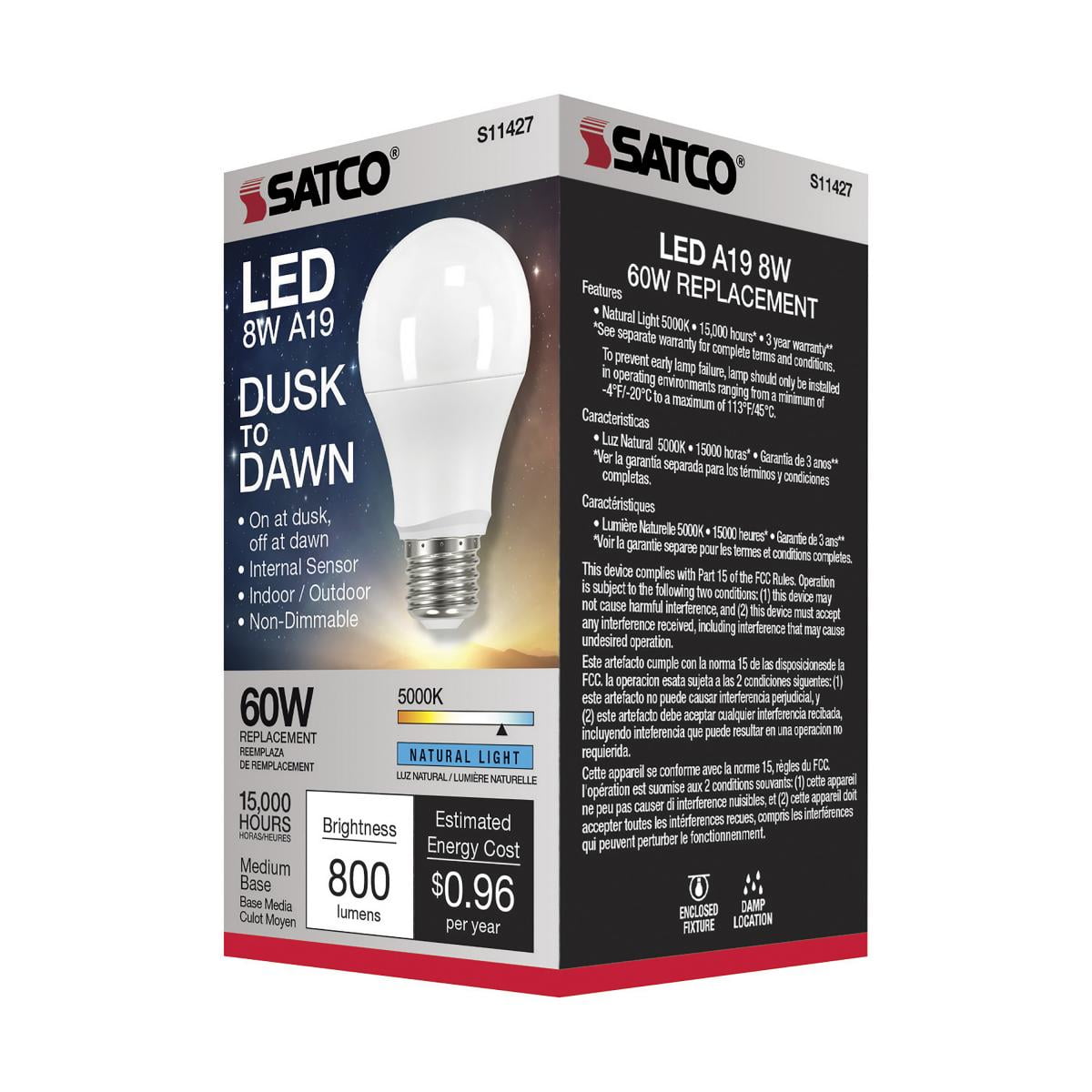 Satco S11427 Dusk to Dawn A19 LED Light Bulb 5000K E26 Medium Base 8.5W 120V (6 Pack)