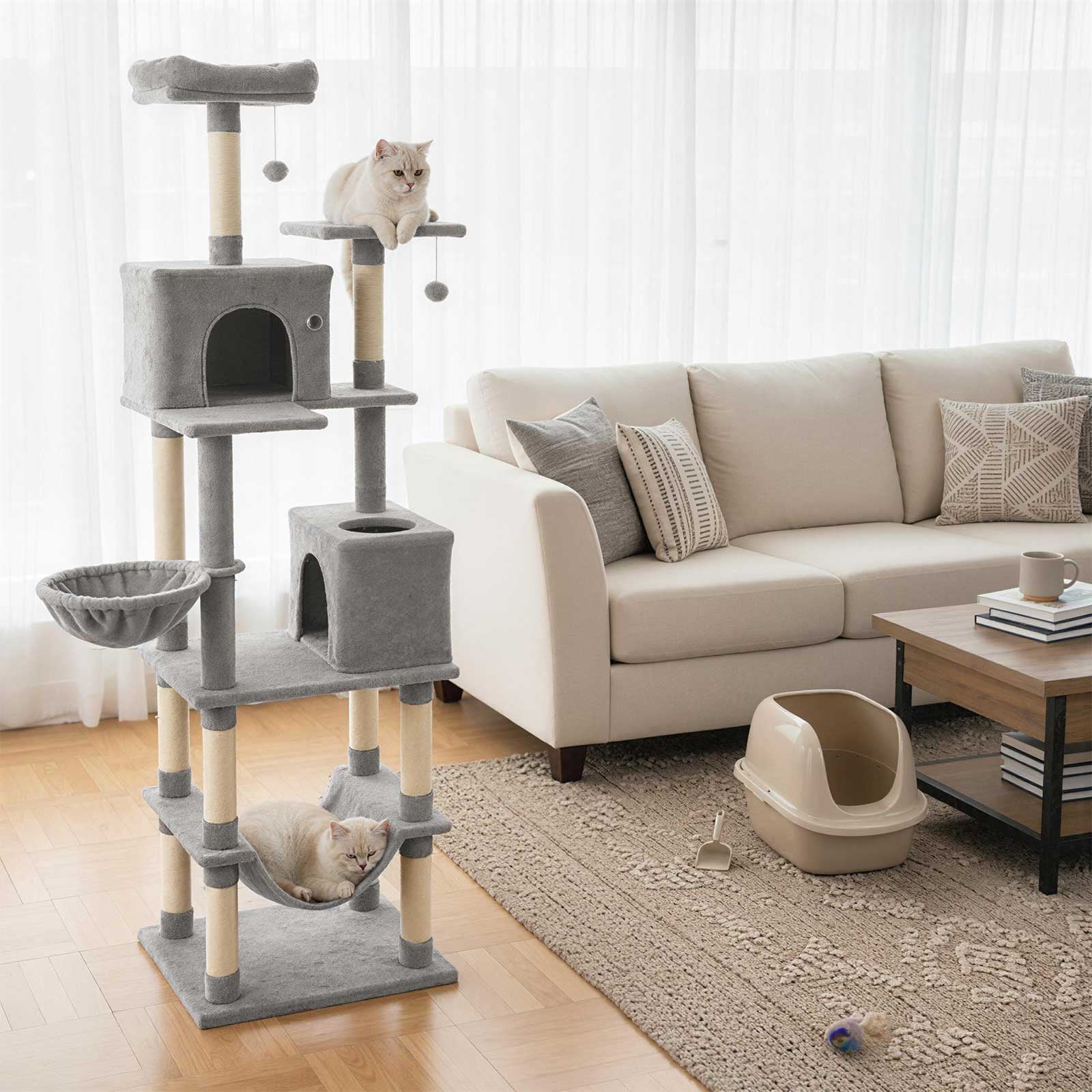 Gymax 80'' Tall Cat Tree w/2 Condos Sisal Scratching Posts Plush Perch Hammock Basket Light Gray