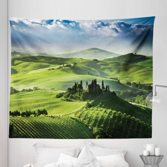 Landscape Tapestry, Rising Sun in the Valley Dark Cloudy Sky Landscape Dramatic Pastoral Heaven Print, Fabric Wall Hanging Decor for Bedroom Living Room Dorm, 5 Sizes, Green Blue, by Ambesonne