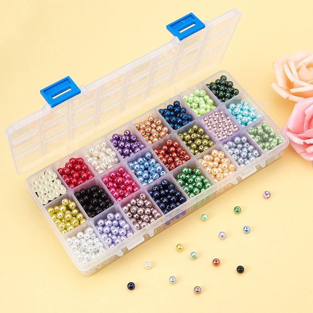 360pcs 10mm Glass Pearl Beads 24 Color Craft Pearl Bead Satin Luster Imitation Pearls Bead Dyed Round Loose Spacer Beads for Jewelry Necklace Craft Making Vase FillersMixed Color