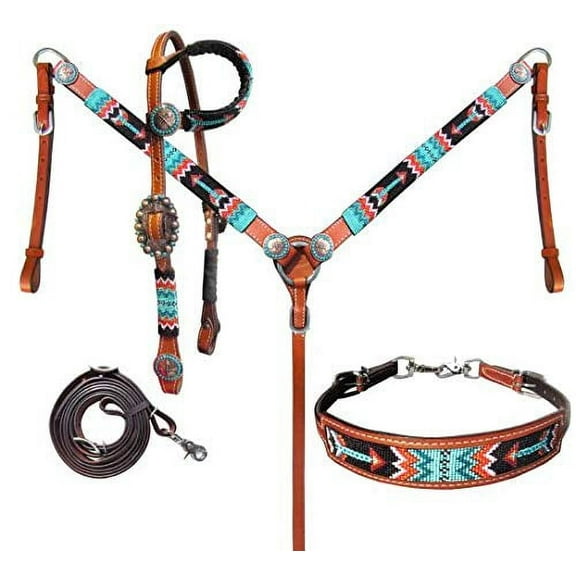 Showman Beaded Arrow Design 4 Piece Leather Headstall & Breast Collar Set