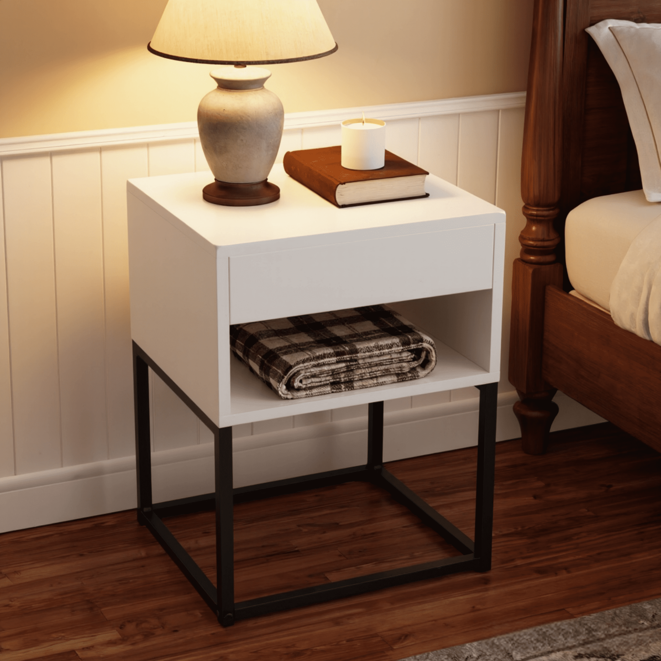 BSHTI 15.91" Nightstand with Drawer and Storage Shelf, MDF with Metal Legs, Modern Side Table for Bedroom Living Room Small Space,White