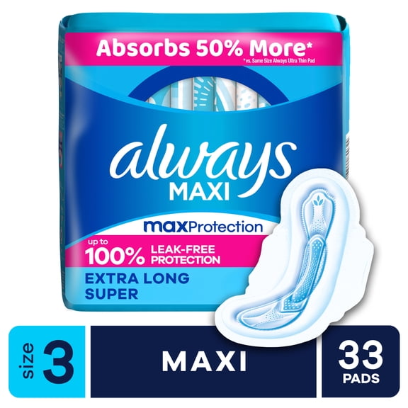 Always Maxi Pads with Wings, Size 3, Extra Long Super Absorbency, 33 Count