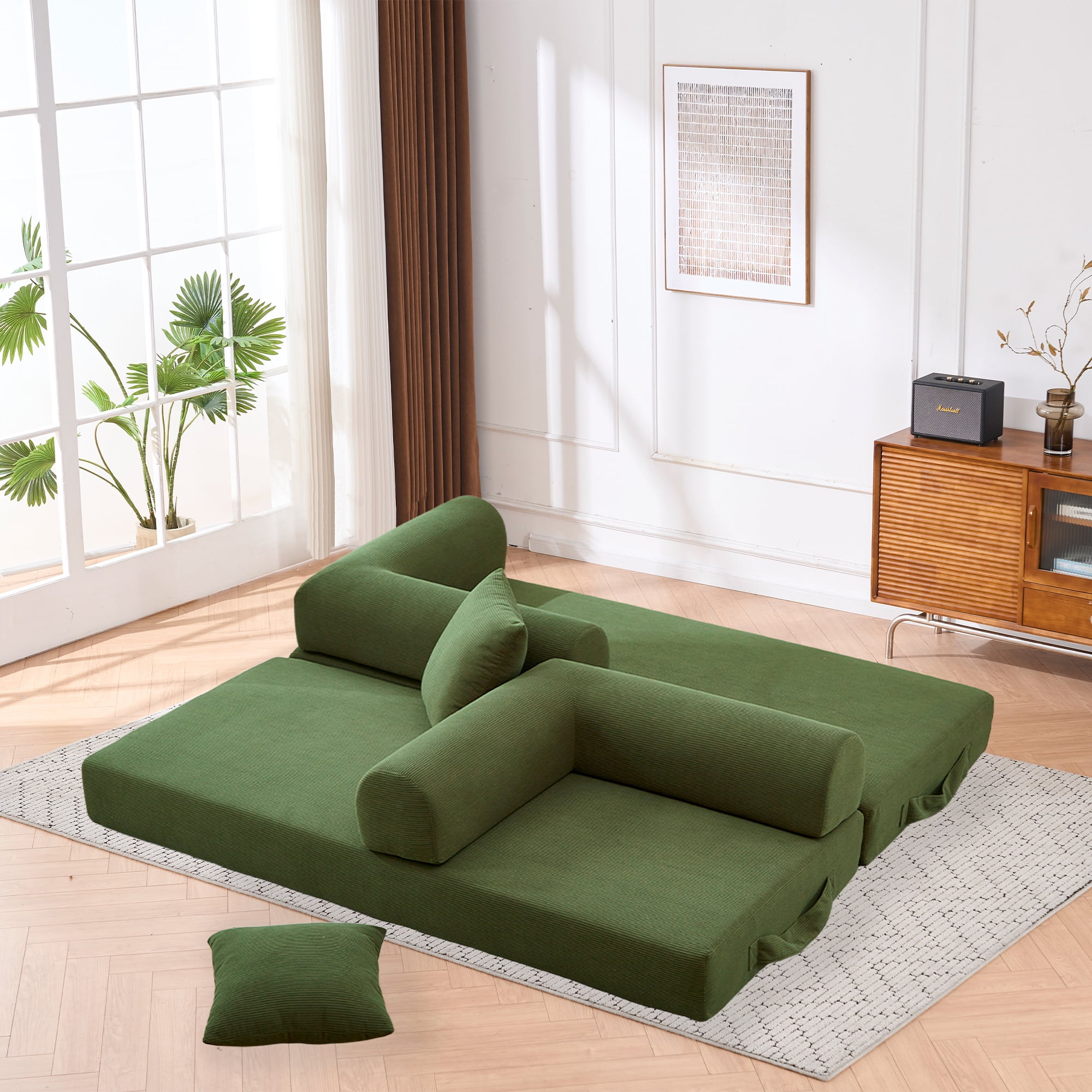 Leumius 4‑in‑1 Futon Sofa Bed,Modular Corduroy Sofa Couch with Fixed-Shape Frame & Removable Armrests,Folding Mattress Couch for Living Room, Office, Apartment,Green
