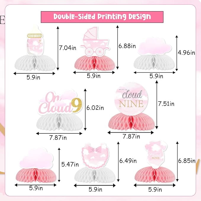 On Cloud 9 Baby Shower Party Table Decorations 8pcs Cloud Baby Shower Honeycomb Centerpiece Double-sided Printing Pink Baby Shower Centerpieces for Tables Girl Cloud Nine Party Decorations