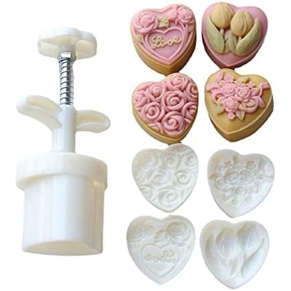 Mooncake Mold 50g- Cookie Stamps Plastic Hand Press Love Heart Tulip Roses Shape Kitchen Gadgets DIY Baking Pastry Tool (Love Heart Tulip Roses)