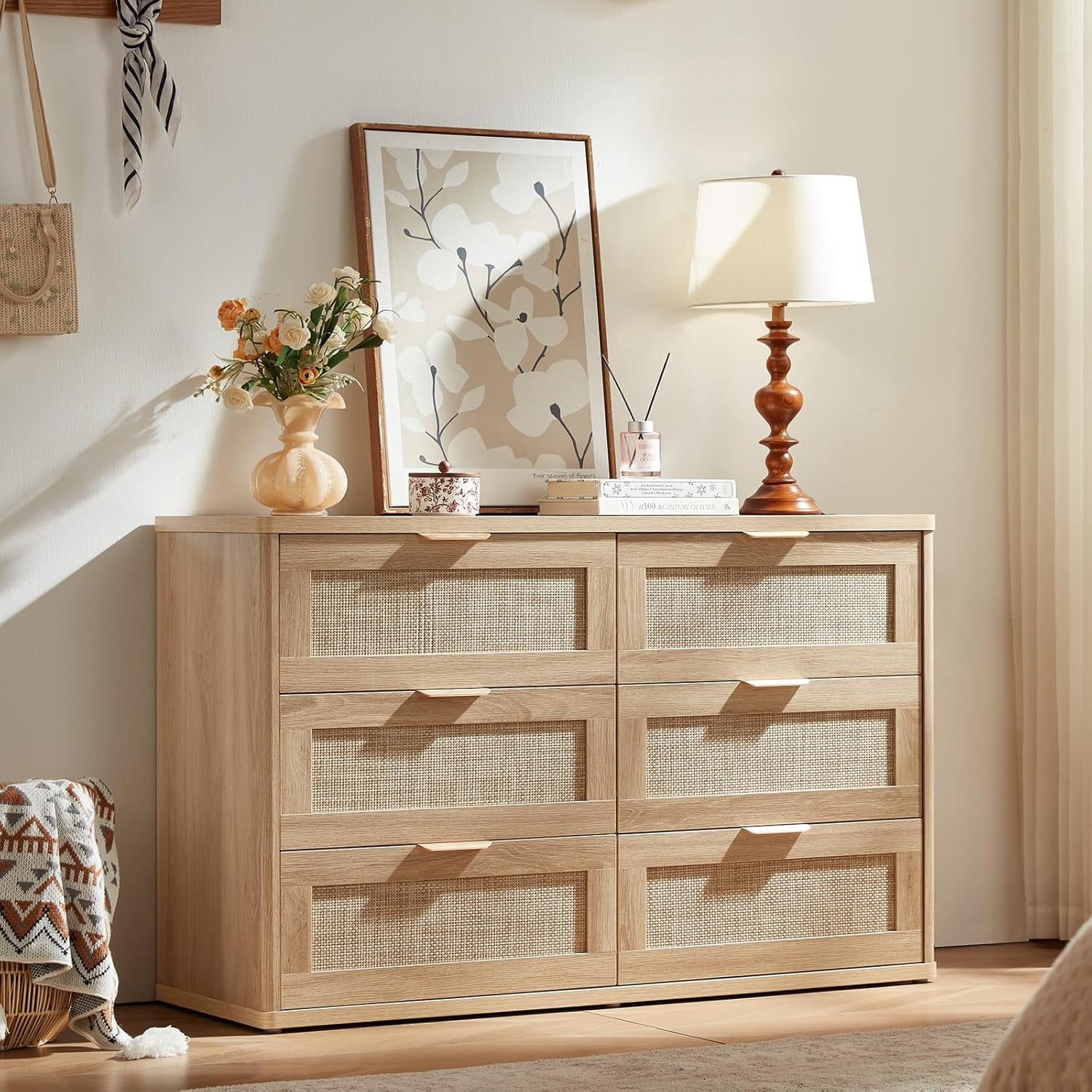LEYAOYAO 3-Piece Rattan Dresser & Nightstand Set - Natural Oak 6-Drawer Dresser (48") & 2 Nightstands, Boho Bedroom Furniture Set with Storage