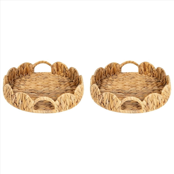 2X Bandeja Redonda con Borde Festoneado, Bandeja Redonda para Servir con Asas Integradas, Bandeja Decorativa para Mesa de Centro, Bandeja de Ratán