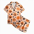 thumbnail image 4 of Futezty Toddler Halloween Pajamas Kids Pumpkin Ghost Print Satin Pajama Set Short Sleeve Button Down Sleepwear with Shorts Set Little Girl Clothes 3T-13T, 4 of 5
