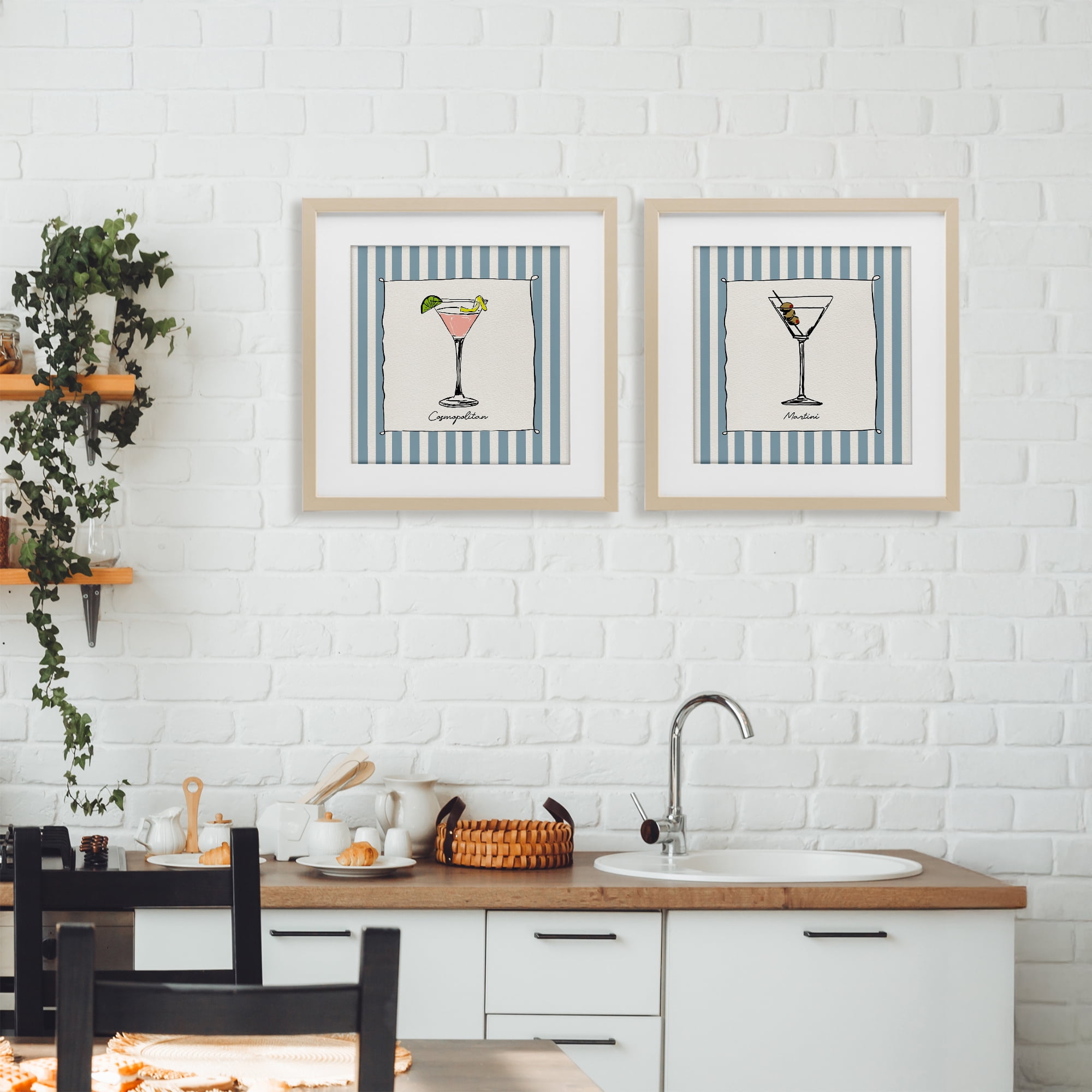Stupell Industries Summer Drinks on Stripes 2 Piece Birch Framed Print Under Glass Set, design by Susan Jill