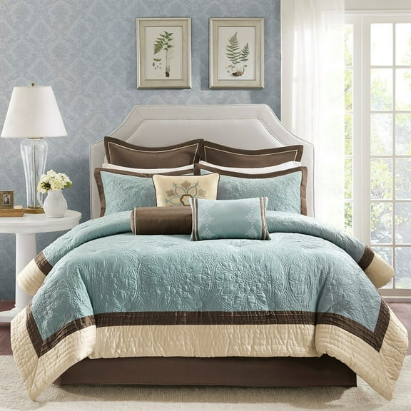 9-Piece Blue Charmeuse Comforter Set, King Size Quilted Bedding with Euro Shams