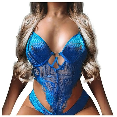 

BIZIZA Teddy for Women One Piece Plus Size Bodysuit Lace Babydoll Hollow Out Sexy Lingerie Blue XXXXL