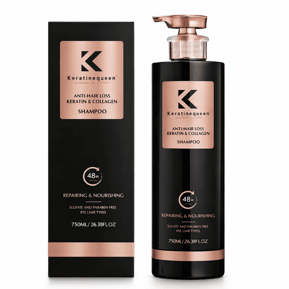 Shampoo Fortalecedor Keratinequeen 730ml – Keratina + Colágeno, Anti-Caída y Reparación Profunda de Daños, Cabello Más Fuerte y Suave