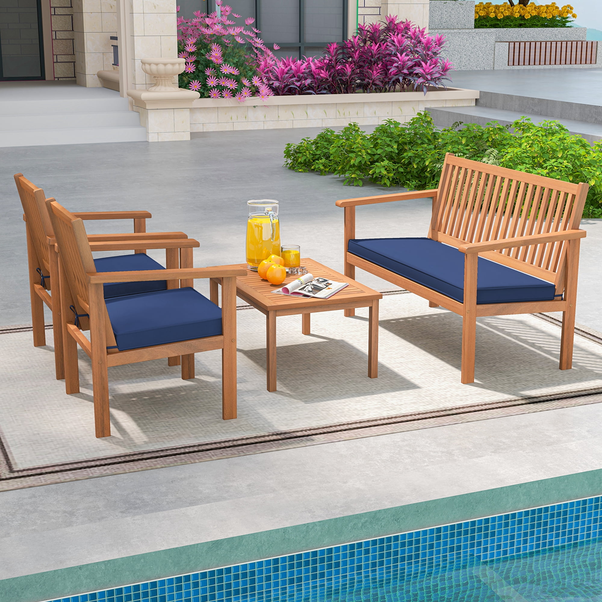 Costway 4 PCS Patio Wood Furniture Set with Loveseat, 2 Chairs & Coffee Table for Porch Navy