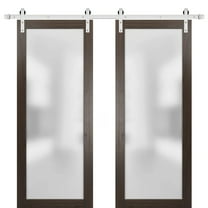 Sturdy Double Barn Door with Frosted Glass | Planum 2102 Chocolate Ash | 13FT Silver Rail Hangers Heavy Set | Modern Solid Panel Interior Doors-72" x 80" (2* 36x80)-Silver Rail