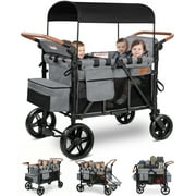 Vomeast Upgrade Wagon Stroller for 4 Kids, 4-Seater Baby Stroller Wagon with Canopy, 5-Point Harness, Adjustable Handle(Grey)