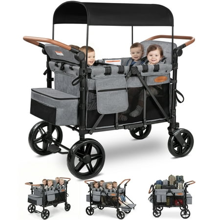 Vomeast Upgrade Wagon Stroller for 4 Kids, 4-Seater Baby Stroller Wagon with Canopy, 5-Point Harness, Adjustable Handle(Grey)