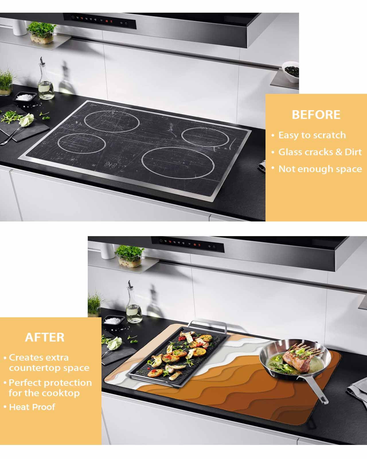 nqOlkjepod Large Induction Cooktop Protector Mat 36"x21", Orange Coastal Beach Stove Top Covers for Electric Stove, Rustic Abstract Sea Waves Striped Stove Burner Cover Mats, Glass Top Stove Cover
