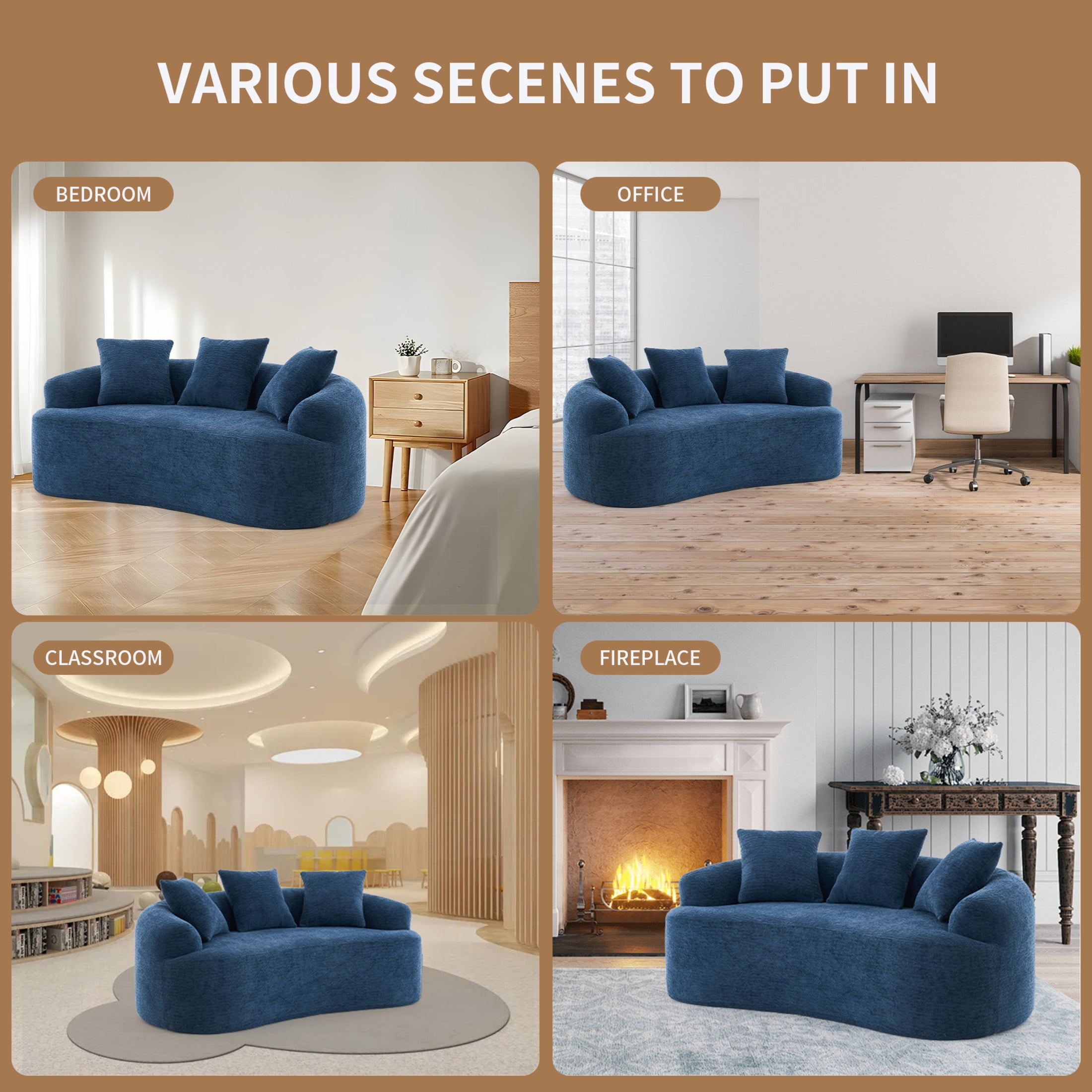 Noble House Arlyn 65" Curved Loveseat Sofa with Pillows, Chenille Compact Compression Couch for Small Spaces, Blue