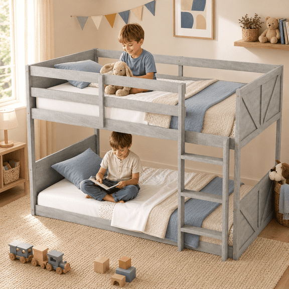 UHOMEPRO Twin over Twin Floor Bunk Bed, Solid Wood Low Bunk Bed with Guardrails, Wide Built-in Ladder, Panel Headboard and Footboard, Antique White