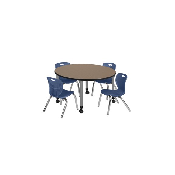 Regency Kee 48 in. Round Mobile Adjustable Classroom Table- Noble Oak Top, Grey Base & 4 Andy 12 in. Blue Stack Chairs