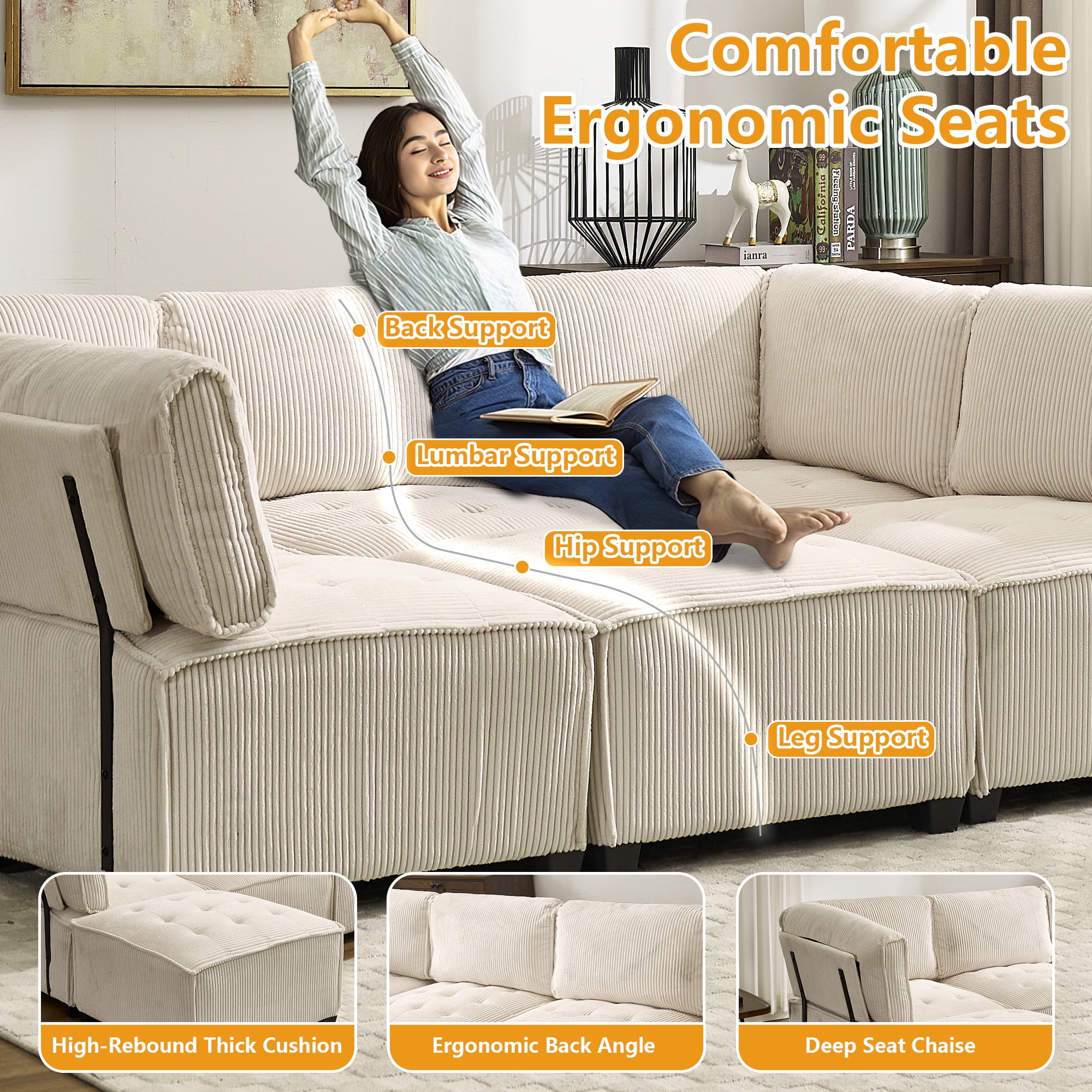 MOONMISS U-Shaped Corduroy Upholstered 6-Seat Convertible Modular Sectional Sofa Fit for Living Room-Beige