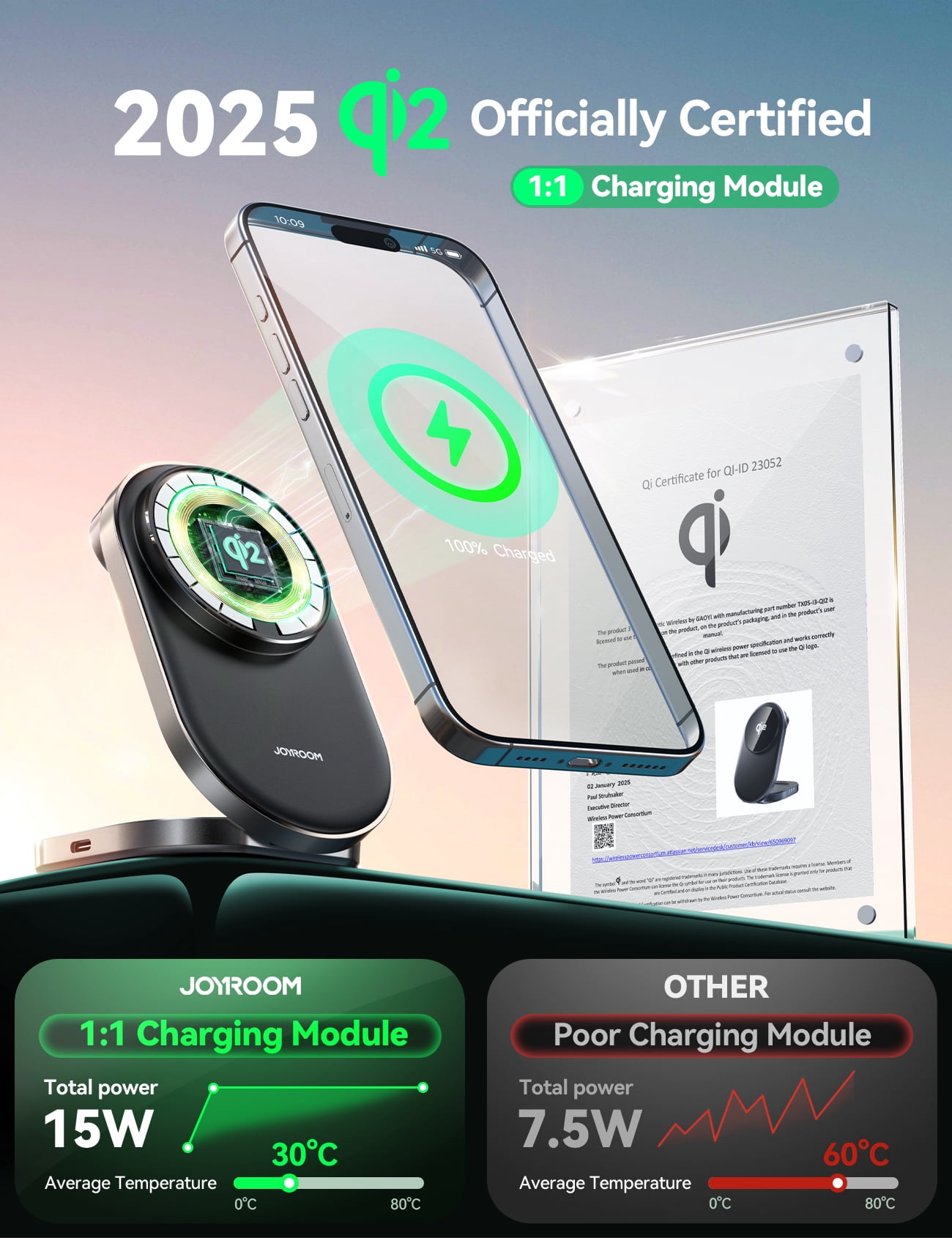 JOYROOM 3 in 1  Foldable Wireless Charger for Apple Devices, Qi2 Certified 15W Magnetic Fast Charging Station for MagSafe iPhone 17/16/15/14/13/12, Apple Watch, AirPods