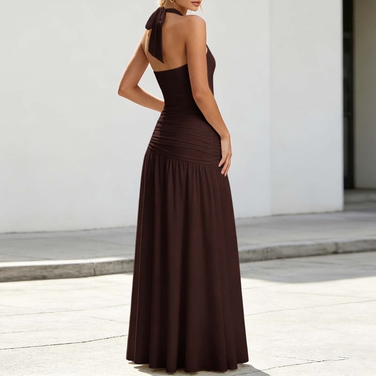 solid tie backless ruched dress Hduncf Womens Deep V Neck High Slit Maxi Halter Slit Formal Evening Party Date-Night Dresses Trendy Brown S Size:Size 28W up back ruched formal Ivory Satin Dress - category: The_Wedding_Shop
