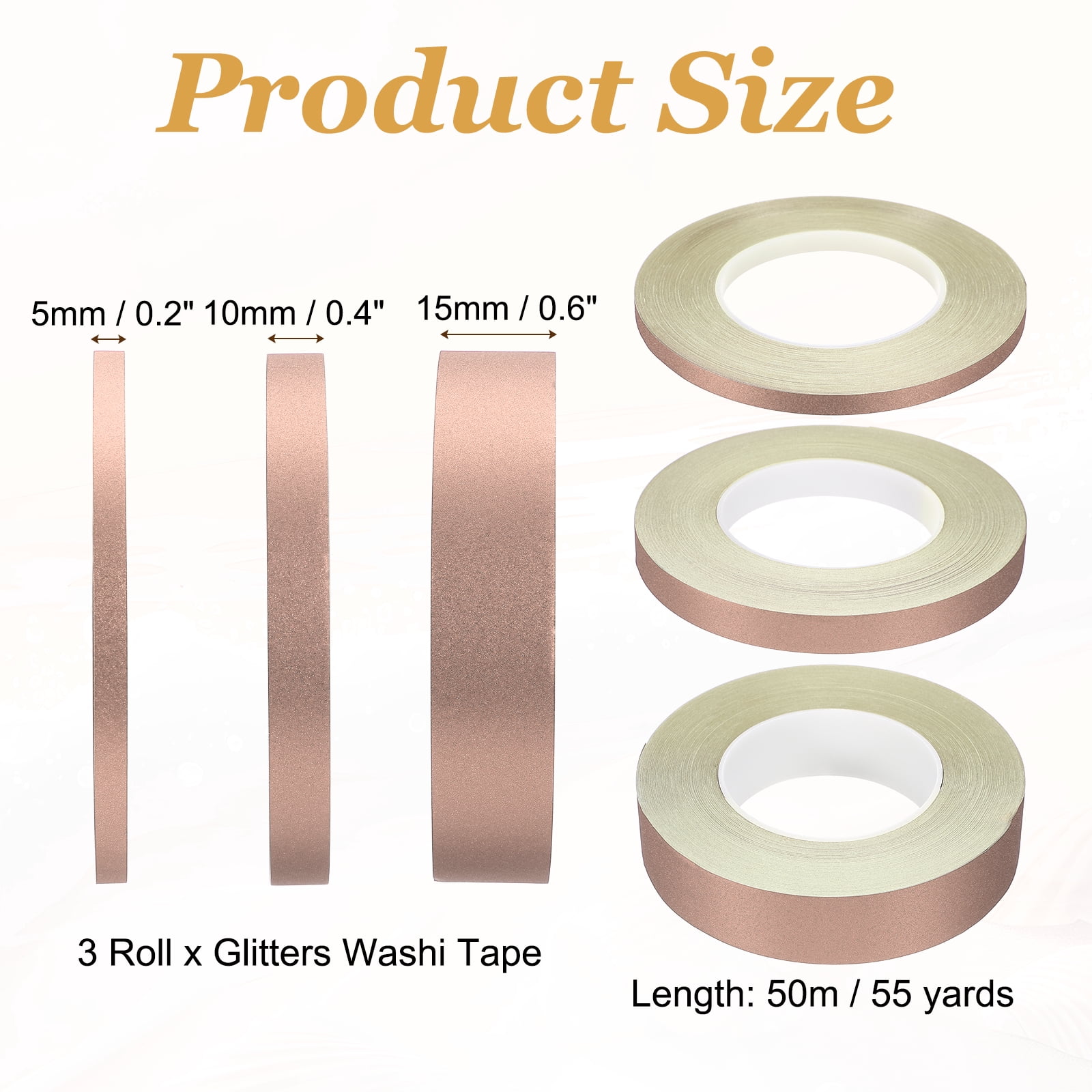 Uxcell 3 Roll Glitters Washi Tape, 0.2/0.4/0.6 Inch (W) x 55 Yards (L) Sparkling Decorative Washi Tape Self Adhesive for DIY Crafts, Gift Wrapping, Scrapbook, Party Decorations, Rose Gold