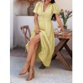 thumbnail image 6 of Women Summer Casual Midi Dress Puff Sleeve V Neck Ruched Button Front Split Boho Beach Vacation Wedding Dresses 2025 Yellow L, 6 of 8