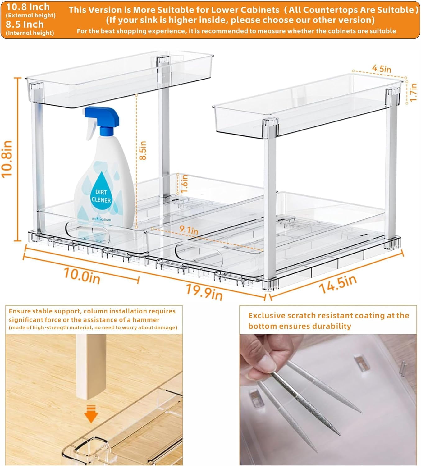 RGHJAR-2 Pack Under the Sink Organizer for Under Bathroom Sink,14.5″ Deep Sliding Inder Sink Organizer for Kitchen Cupboard,2 Tier Undersink Organizers for Vanity,Under Counter Storage Organization