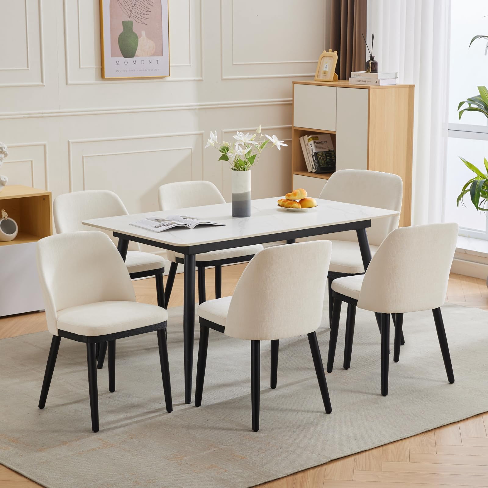 GARVEE Upholstered Dining Chairs Set of 2,Modern Linen Accent Chair with Curved Backrest&Wooden Legs for Kitchen,Home,Restaurant,White
