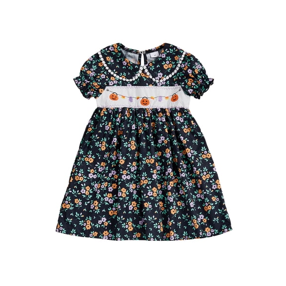 Toddler Baby Girl Halloween Outfit Pumpkin Embroidery Short Sleeve Doll Collar Floral Princess Dress 2 3 4 5 Years Kids A-Line Dresses