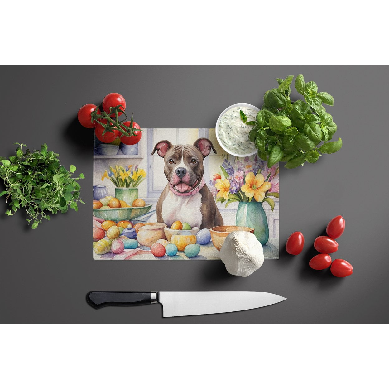 Decorating Easter Pit Bull Terrier Glass Cutting Board 12 in x 15 in