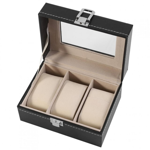 Caja De Reloj Con 3 Ranuras, Caja De Reloj De Madera De Cuero PU, Organizador De Joyas Con Ventana De Vidrio Transparente, Almohadas Extraíbles Para Relojes Y Colección De Joyas