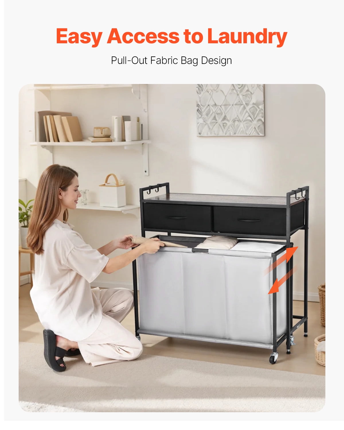 VEVOR 3 Section Laundry Sorter, Rolling Laundry Hamper with 2 Drawers, Hooks & Wheels, Rolling Basket Organizer Storage with Pull-Out Rolling Bags and Wooden Tabletop for Dirty Clothes, Bathroom