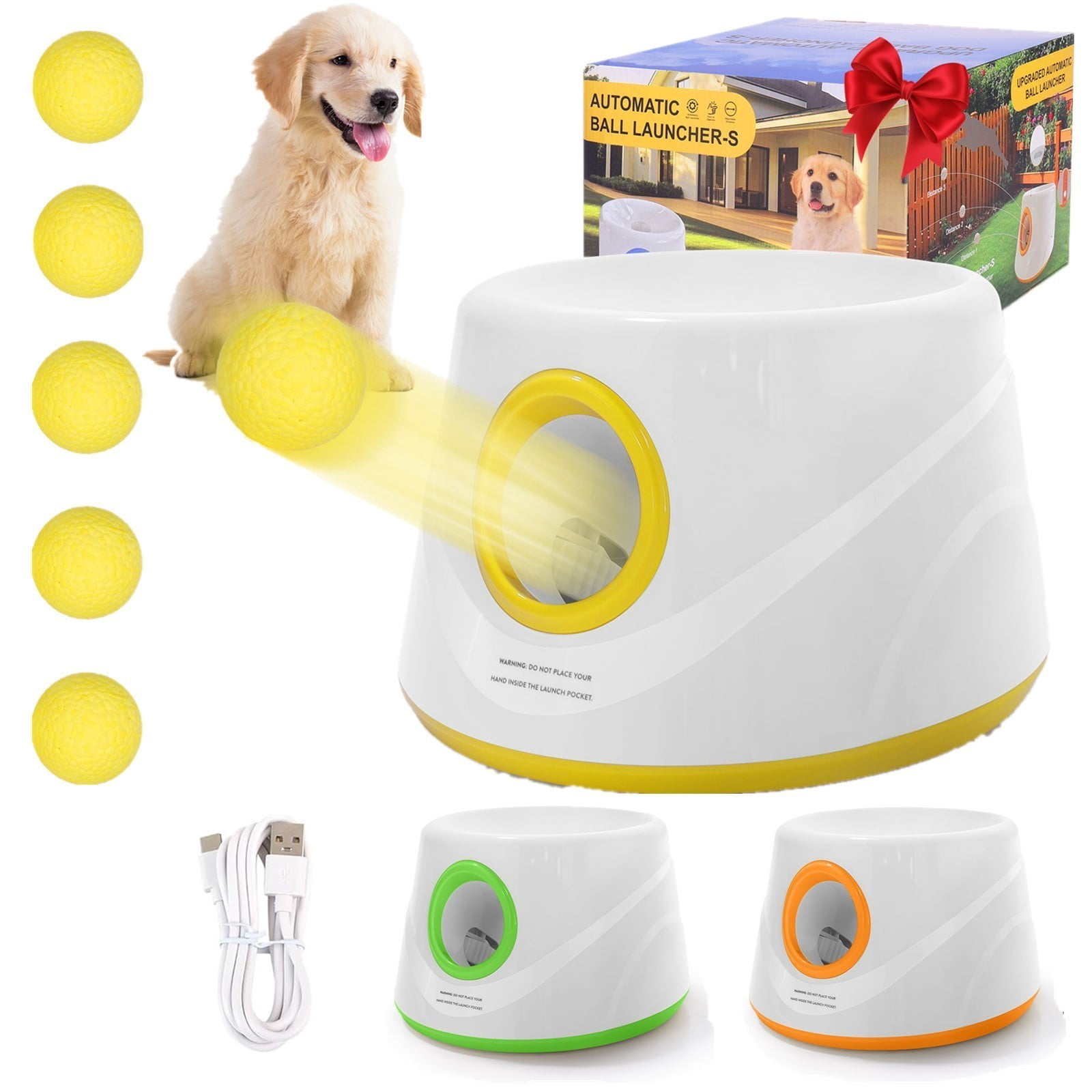 CJC Dog Ball Thrower Dog Automatic Ball Launcher for Dogs, 3 Adjustable Distances, 5 Balls Included – Interactive Fetch Toy for Indoor & Outdoor Play (Orange)