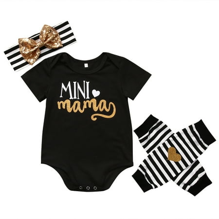 

Arvbitana Infant Baby Girls Outfit Clothes Letter Short Sleeve Romper +Socks + Bow Headband