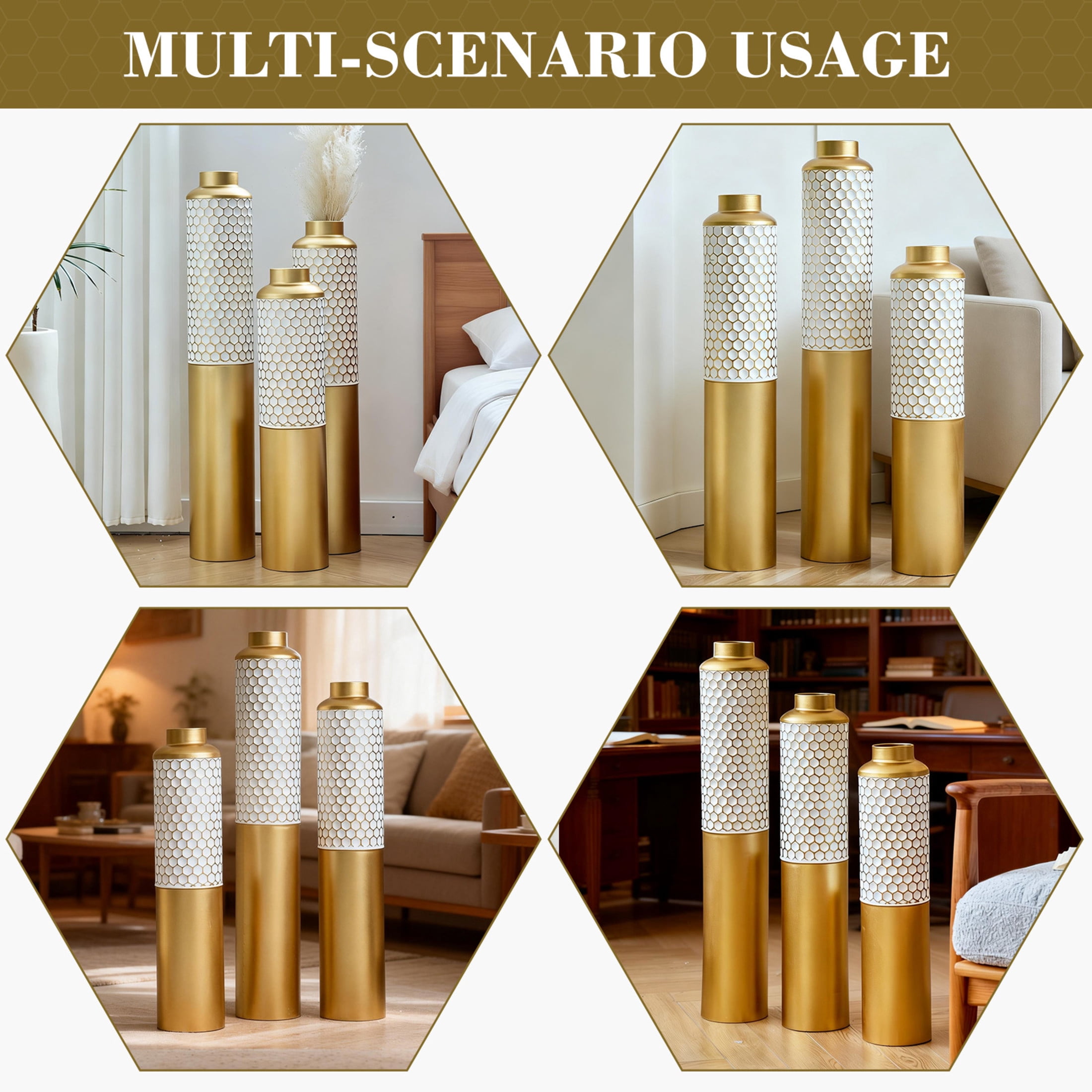 Noble House 3-Piece Metal Floor Vase Set, Textured Hexagonal Pattern Decorative Vases, Gold + White