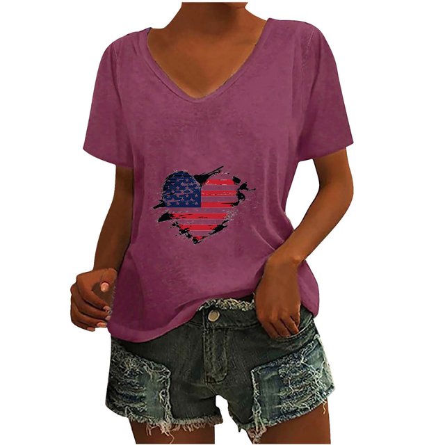 Camisetas Casuales de las Mujeres Gradiente Día de la Independencia Impreso Cuello Redondo, Blusa de Manga Corta para Diario, Fiesta Y Primavera Verano