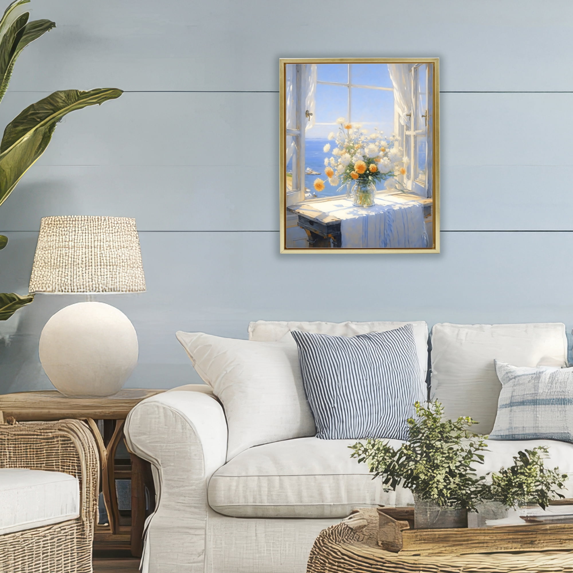 Stupell Industries Floral Window View of Sea Gold Framed Floater Canvas Wall Art, design by Creative Studio