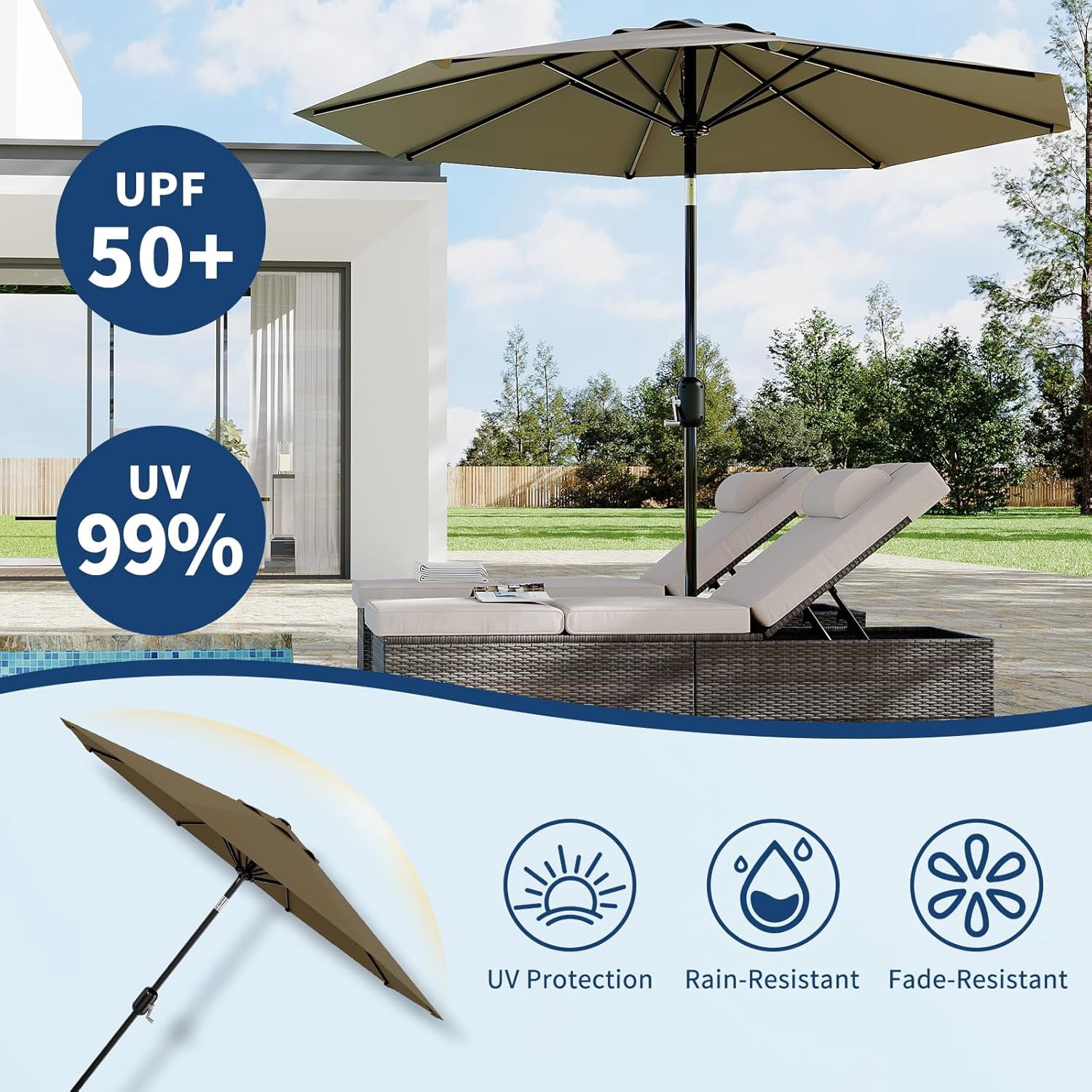 9FT Outdoor Patio Umbrella, Table Market Umbrella, 6 Sturdy Ribs UV Protection Waterproof for Garden, Deck, Backyard, Pool