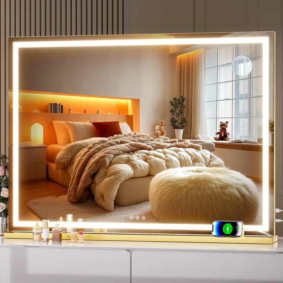 Hasipu 40" x 30" LED Vanity Mirror with Touch Screen Control Lighted Makeup Mirror with Dimmable 3 Modes Square Gold Frame