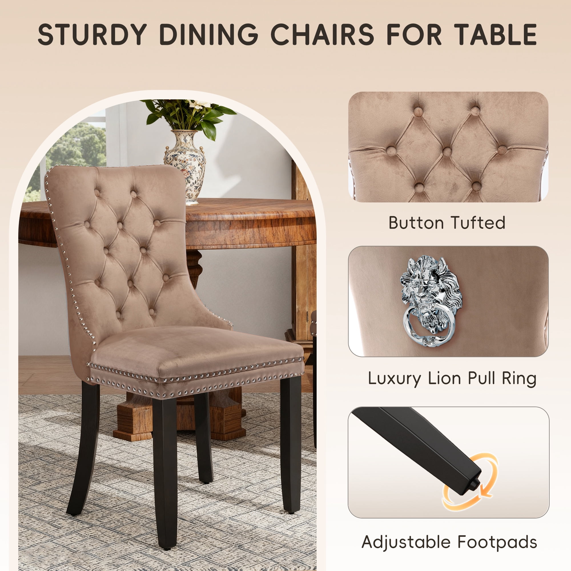 DONICK Velvet Upholstered Dining Chair Set of 8,Modern Tufted Kitchen Chairs Nailhead Lion Pull Ring Black Wood Legs(khaki)