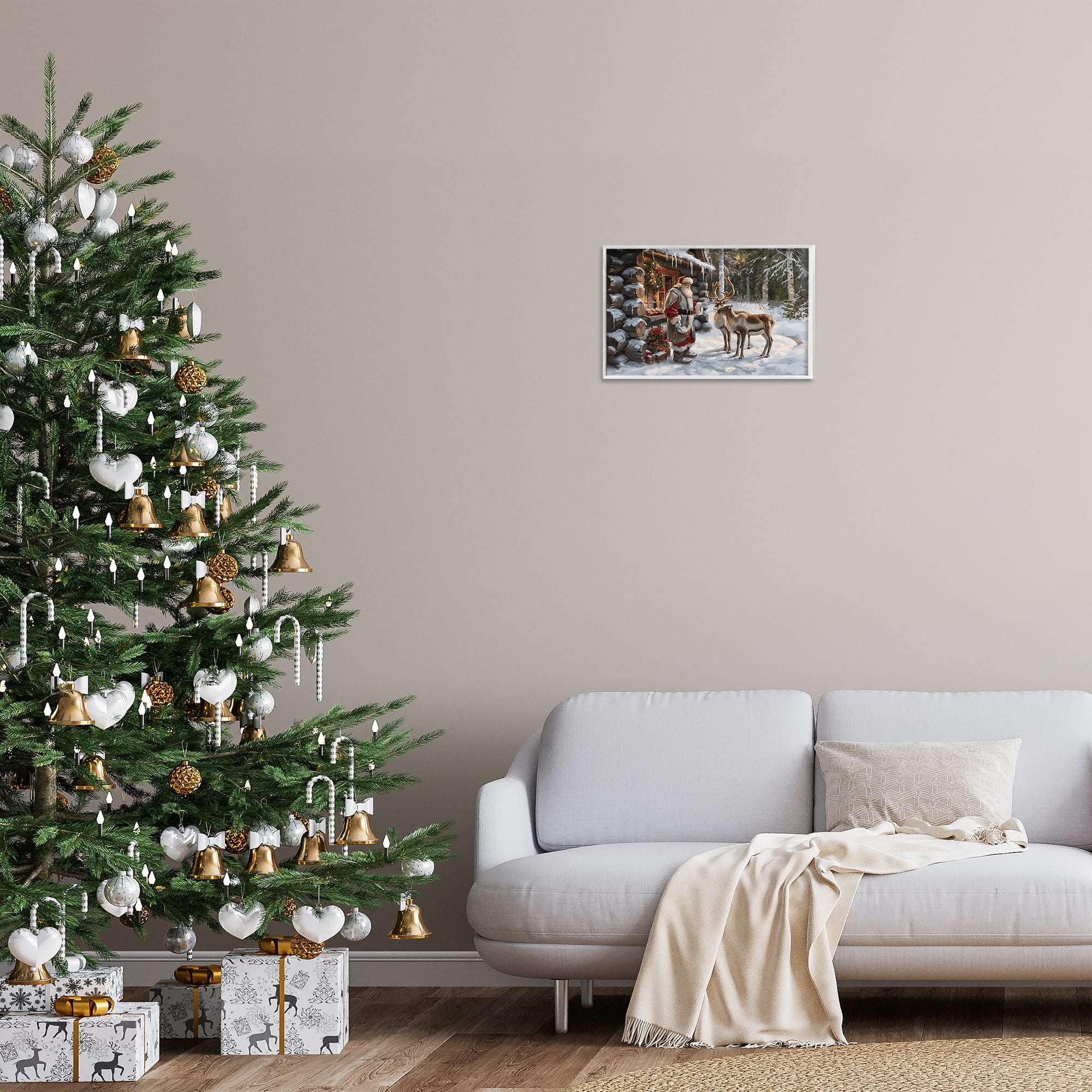 Stupell Industries Santa's Cabin with Reindeer Holiday Painting White Framed Art Prints Wall Art, 18 x 12