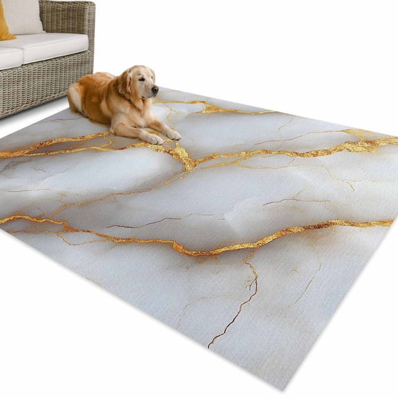 Outdoor Rug 3x5 ft White Abstract Marble Texture Waterproof Outdoor Patio Rug Mat Non Slip Outside Area Rugs Carpet for RV,Camping,Porch,Deck,Pool,Balconybackyard,Gold Lines