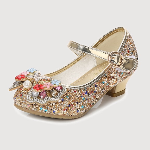Gyujnb Glitter Mary Jane Low Heel Shoes, Low Heel, Closed Toe Casual Dress Shoes (Toddler, Little Girls, Big Girls),12-12.5 Years